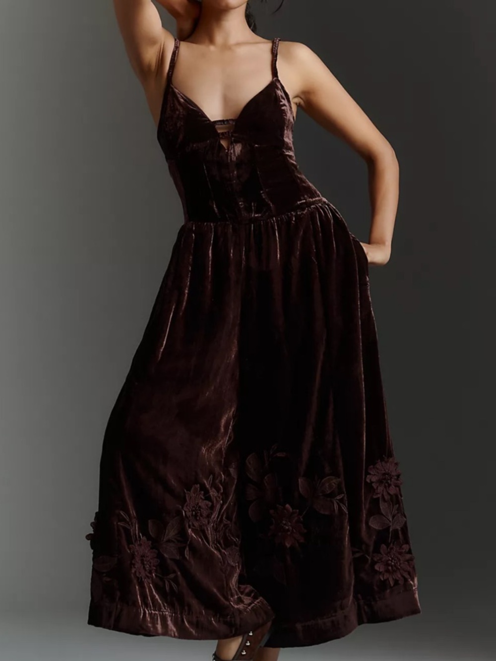 Anthropologie 0 Jumpsuit 3D Floral Velvet Jumpsuit in Powdered Cocoa Pockets NWT